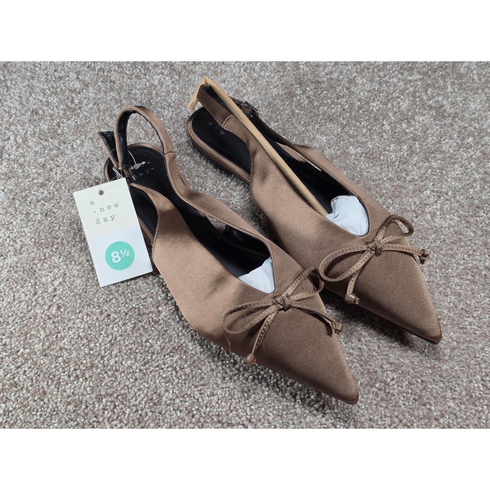 A New Day Camille Taupe Satin Slingback Pointed Toe Bow Flats Womens 8.5